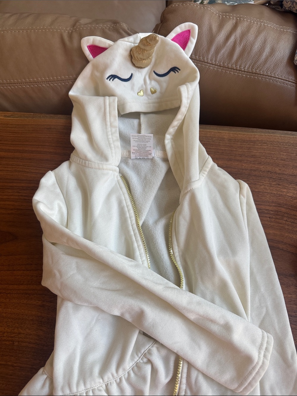 Girls' Cream Unicorn Hooded Jacket with Gold Accent